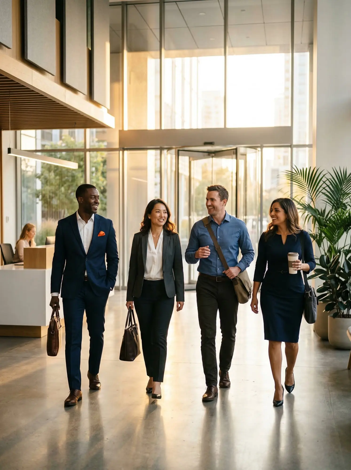 Diverse corporate professionals walking through modern office lobby, KORE1 corporate payroll services for growing businesses