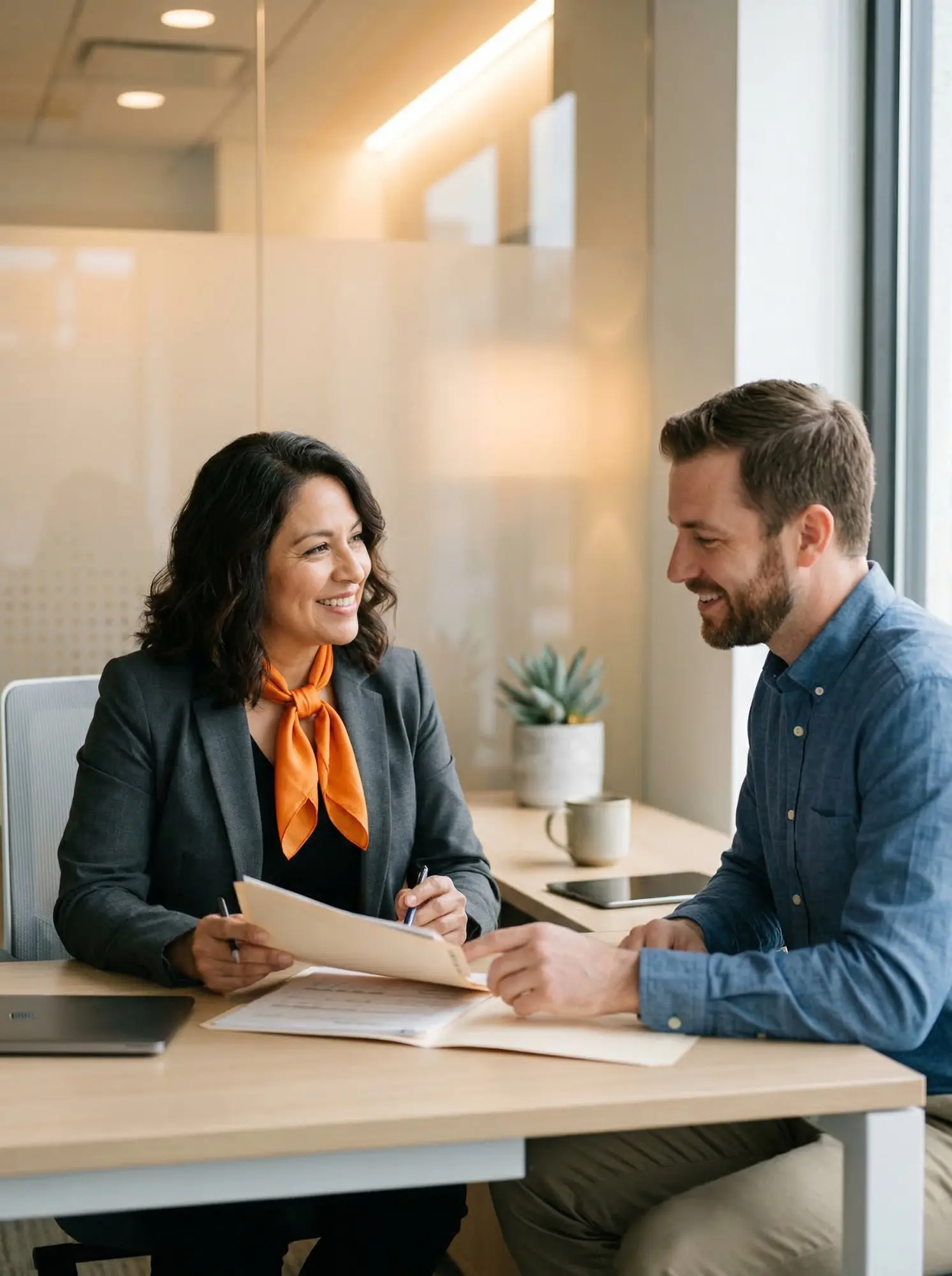 Payroll specialist reviewing compliance documents with small business client, KORE1 corporate payroll services consultation