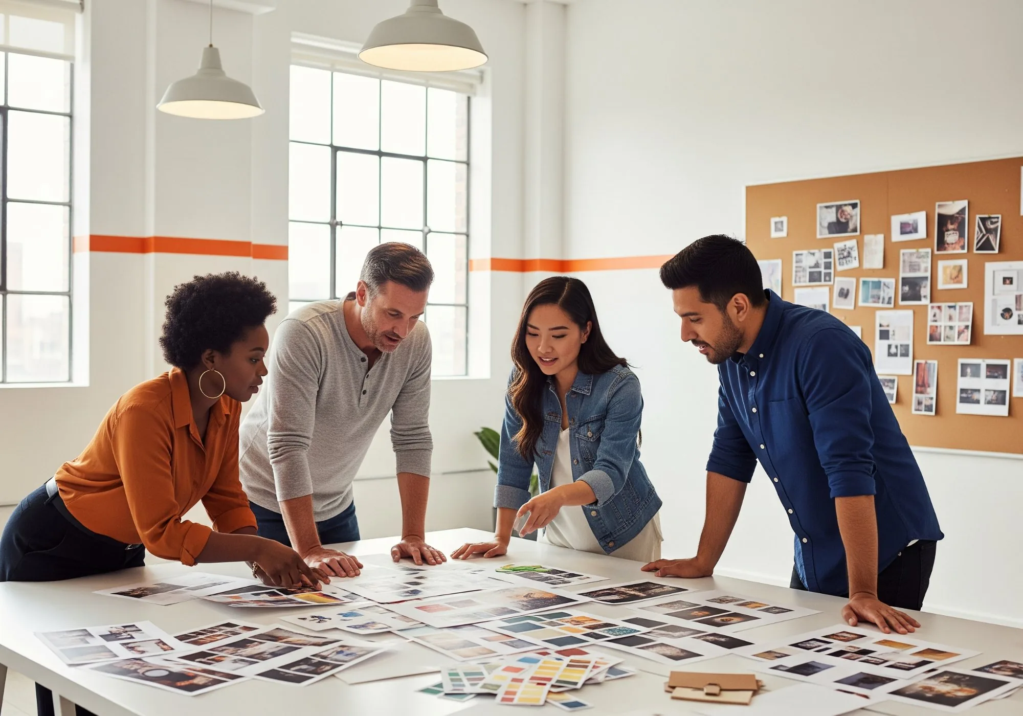 Diverse creative team of four professionals collaborating over design mockups and mood boards at a modern agency office table