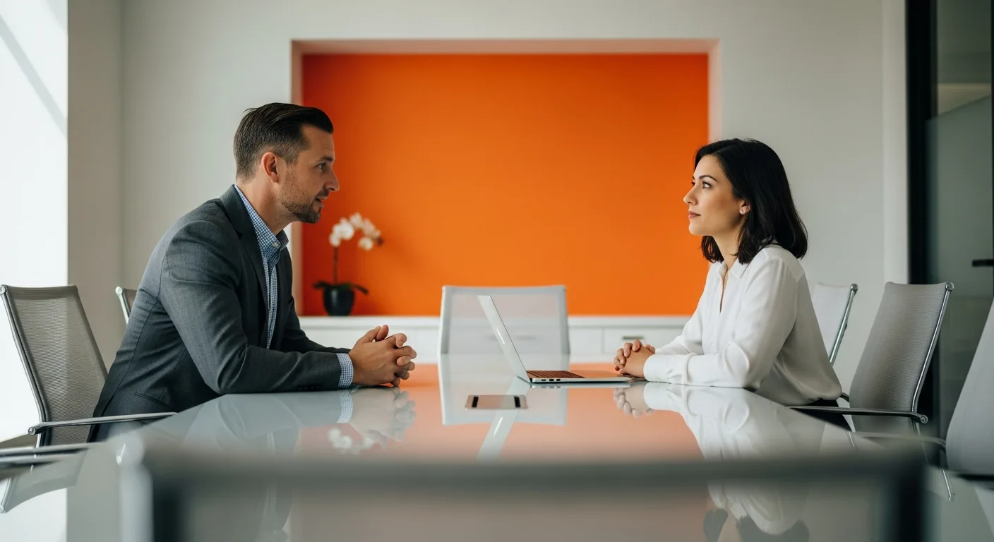 Hiring manager interviewing cybersecurity engineer candidate in professional conference room