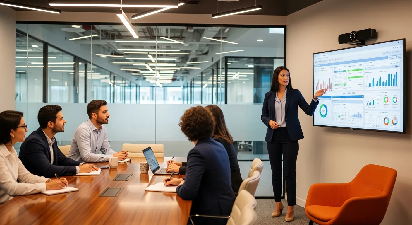 Security professional presenting compliance dashboard to team in conference room