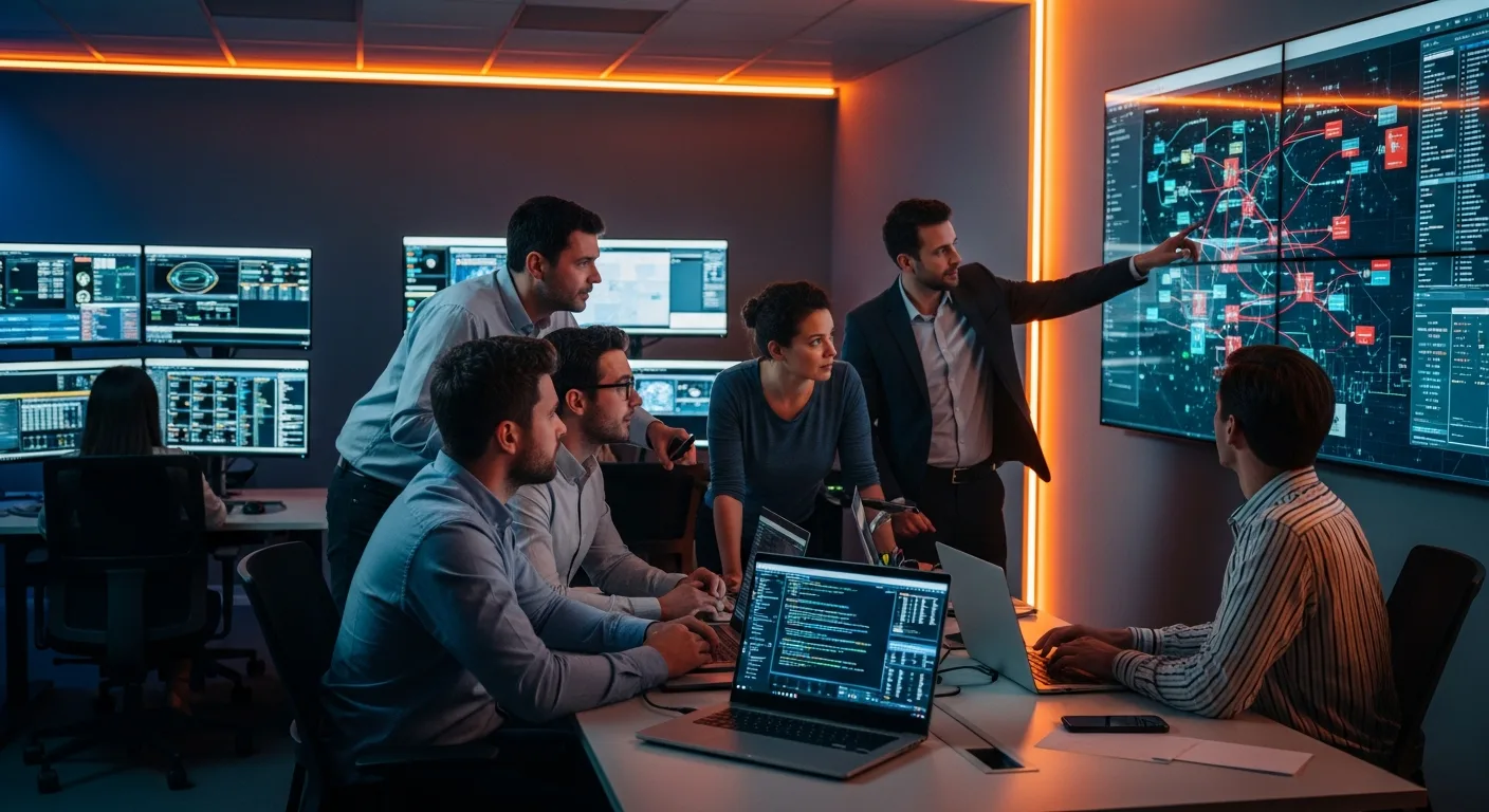 Cybersecurity incident response team gathered in SOC reviewing network topology