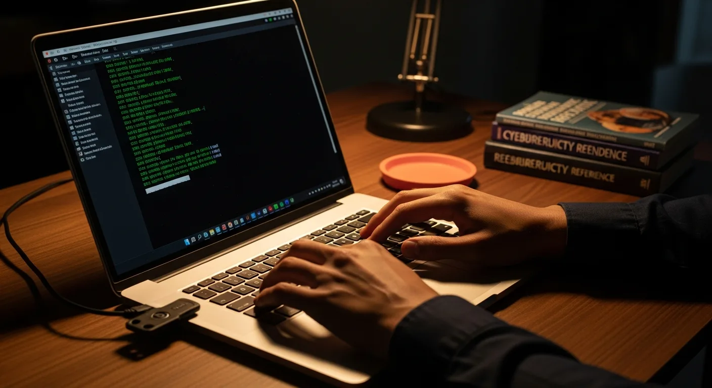 Cybersecurity engineer hands typing security scan commands on laptop with hardware security key