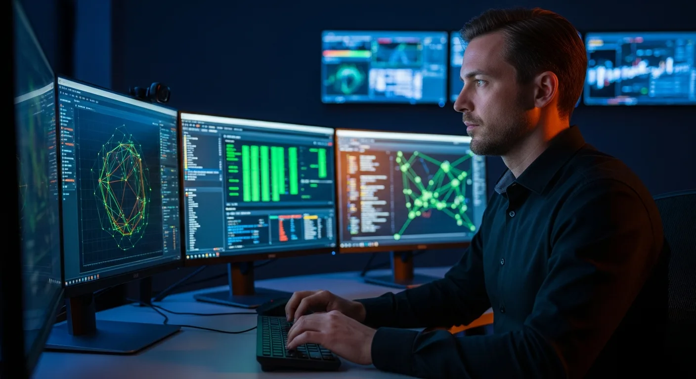 Cybersecurity analyst monitoring threat dashboards in dark security operations center