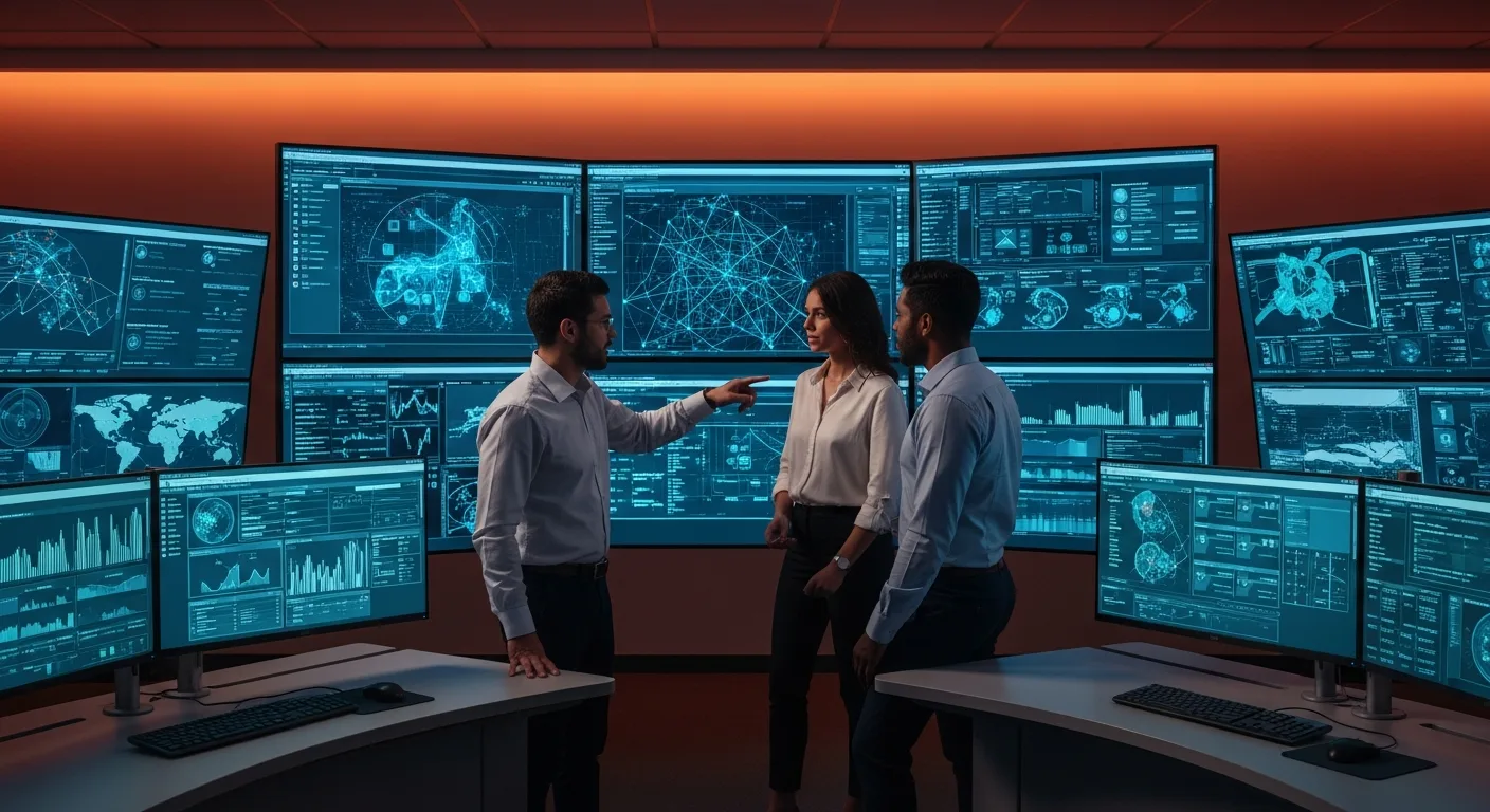 Cybersecurity SOC team collaborating around threat detection dashboards in a modern security operations center