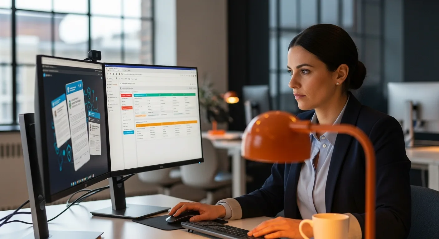 Cybersecurity staffing agency recruiter reviewing security professional candidate profiles on dual monitors