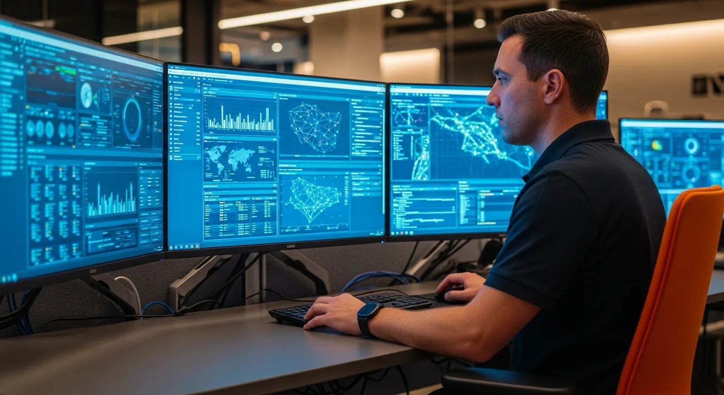 Cybersecurity professional monitoring threat detection and SIEM dashboards at multi-monitor workstation