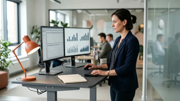 Data analyst working with SQL queries and data visualizations on dual monitors