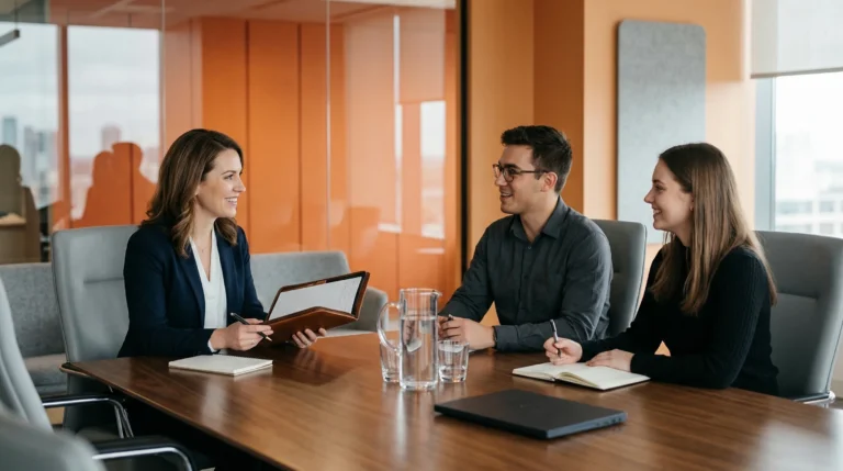 KORE1 recruiter meeting with data analytics candidates in modern conference room