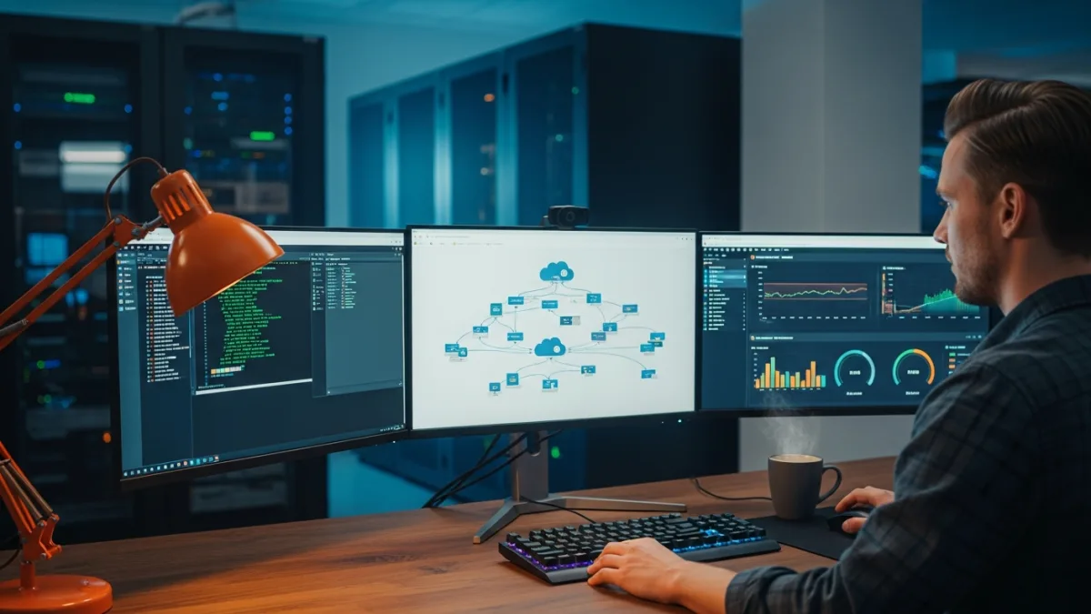 DevOps engineer managing cloud infrastructure deployments at multi-monitor workstation