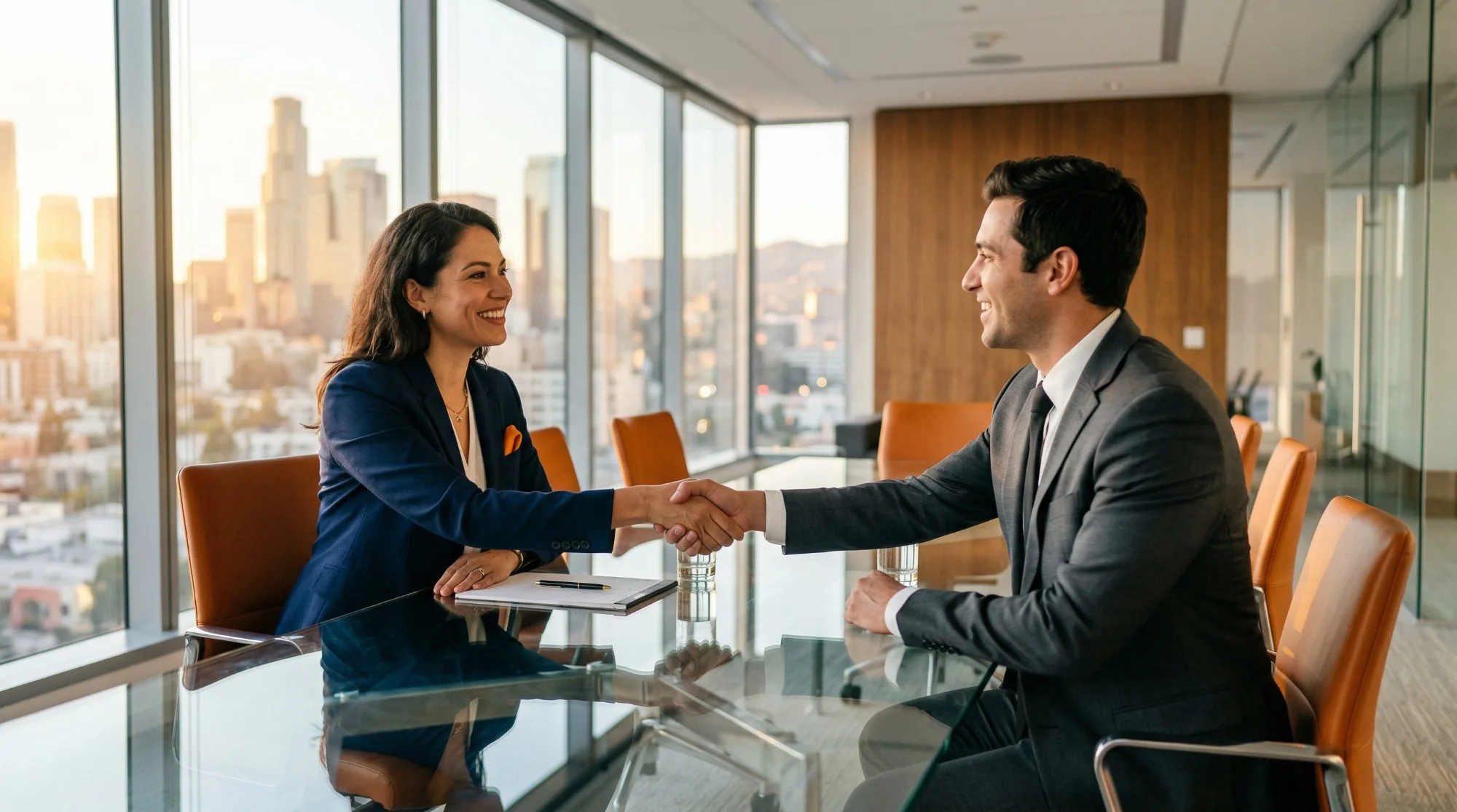 Hiring manager shaking hands with a candidate across a conference table in a modern office with floor-to-ceiling windows
