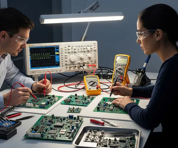 Electrical engineers testing circuit boards at a professional lab workstation