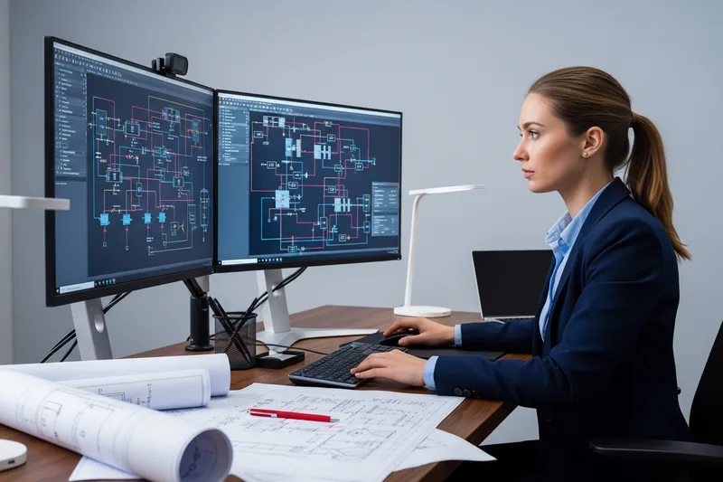 Electrical engineer analyzing power system schematics on a dual monitor setup