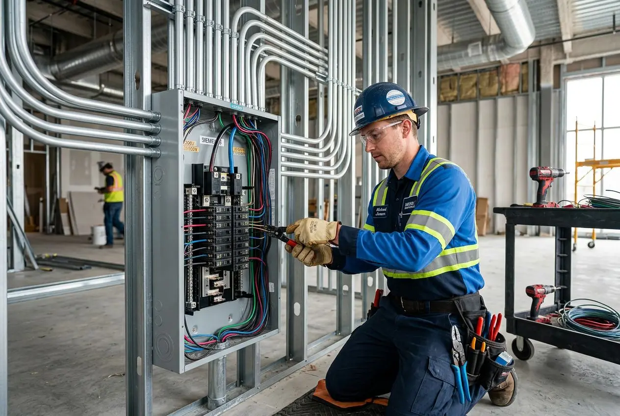 Licensed electrician performing commercial wiring installation, KORE1 construction payroll for specialty subcontractors