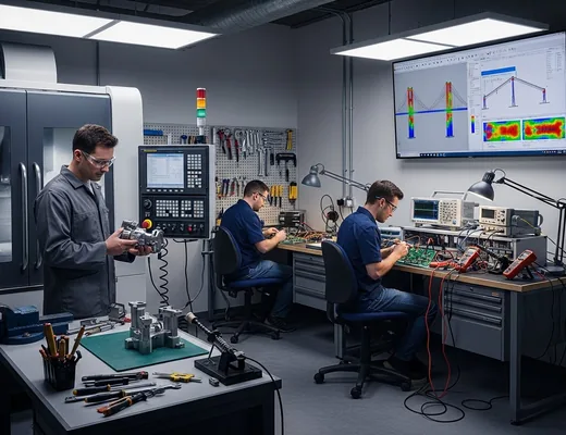 Engineering workshop showing a mechanical engineer examining a metal prototype near a CNC machine while electrical engineers work on circuit boards with oscilloscopes at testing benches