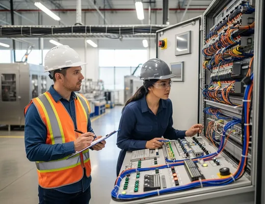 Two engineers wearing hard hats and safety gear inspecting an industrial automation control panel with organized wiring in a clean modern manufacturing facility