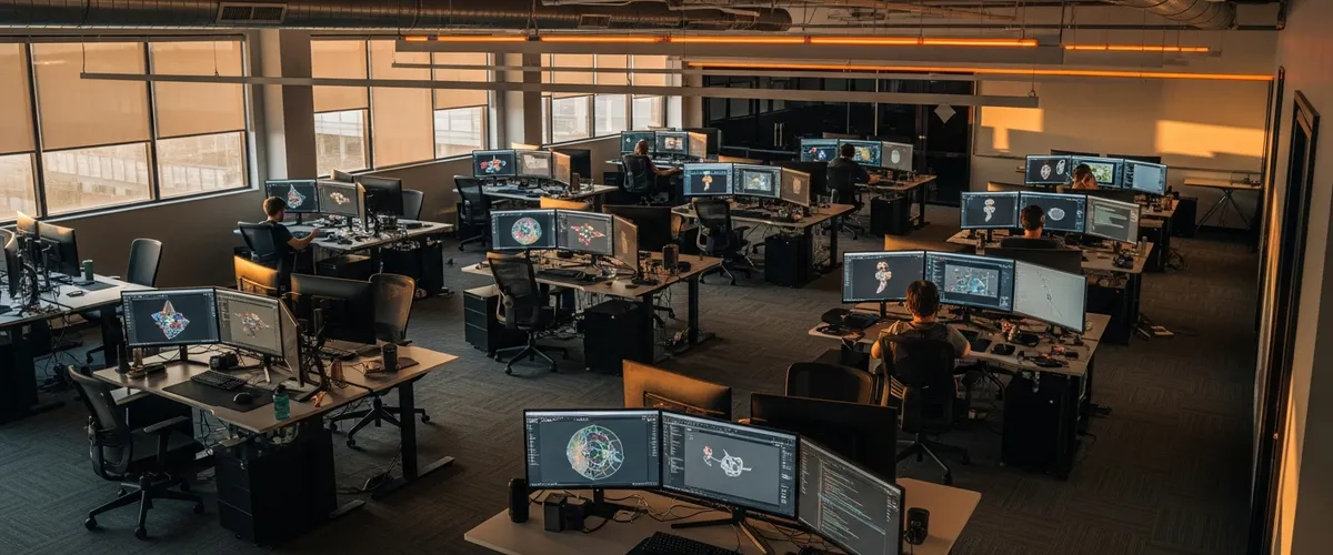 Game development studio floor with empty workstations during Epic Games layoffs transition