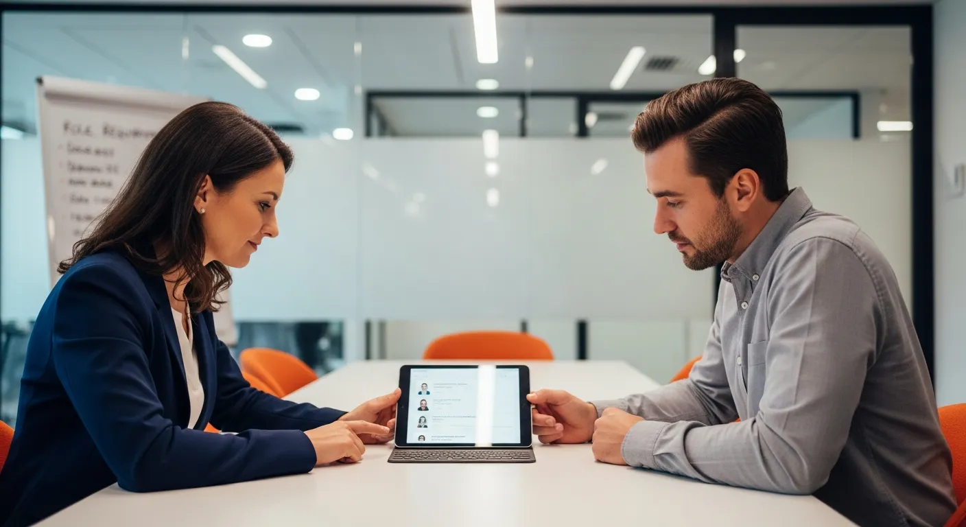 Hiring manager and recruiter reviewing game developer candidate profiles in conference room