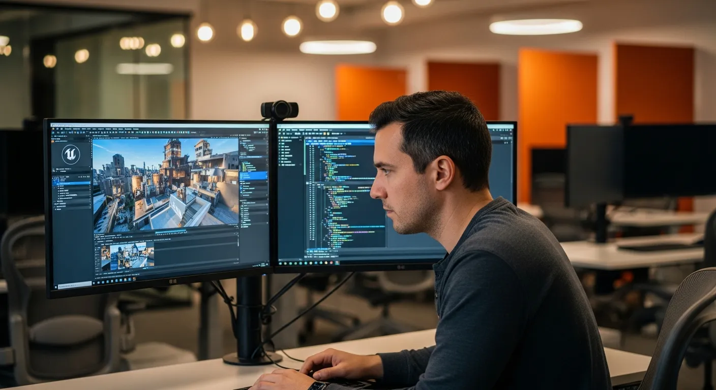 Senior C++ developer working with Unreal Engine 5 editor at dual-monitor workstation