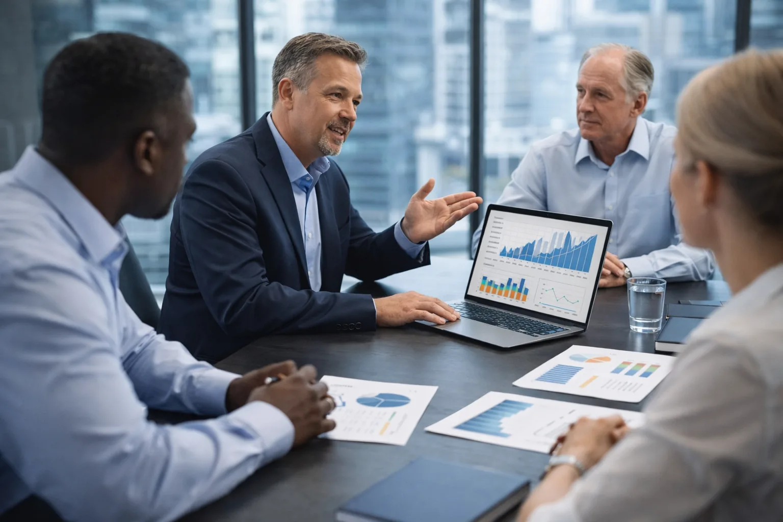 Fractional CFO advising business leadership team in executive meeting, KORE1 fractional CFO services