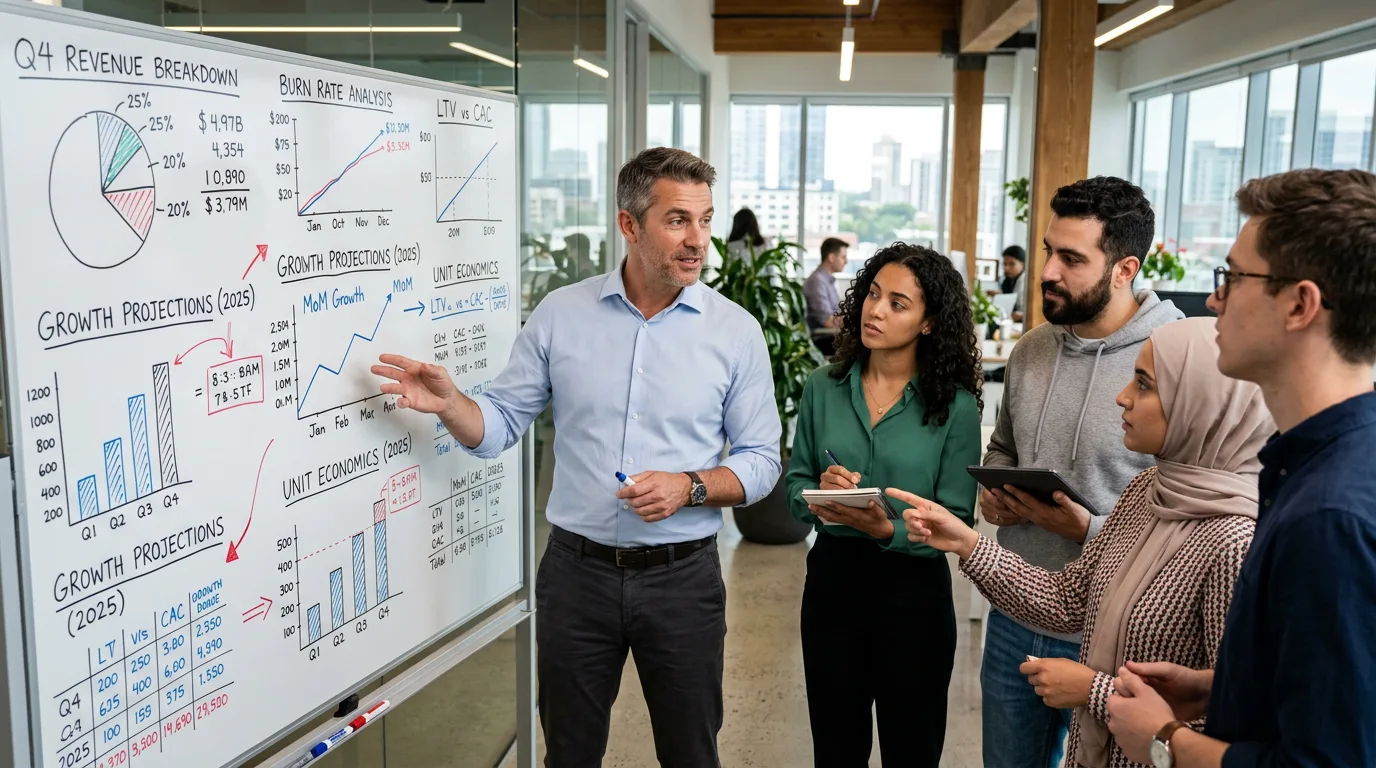 Finance executive consultant advising startup team at whiteboard on financial strategy