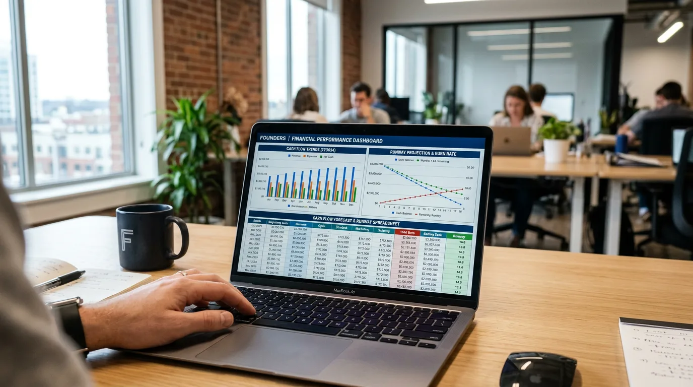 Cash flow modeling and runway projections on laptop for startup financial planning