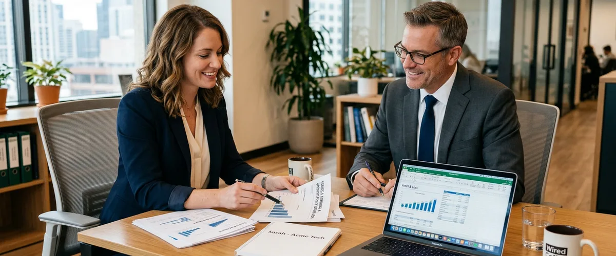 Fractional CFO advisor reviewing financial documents with startup founder