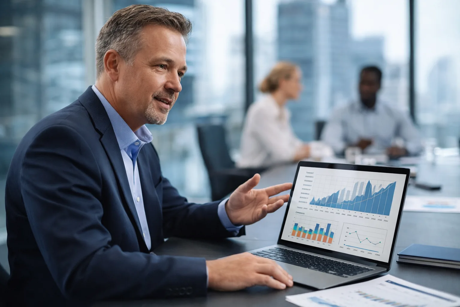 Fractional CFO reviewing financial forecast dashboard with revenue projections, financial planning services