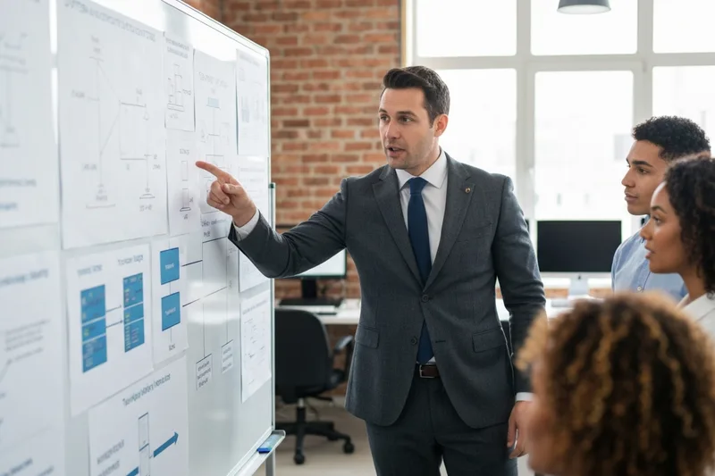 Senior technology executive reviewing architecture roadmap on whiteboard, fractional CTO planning session