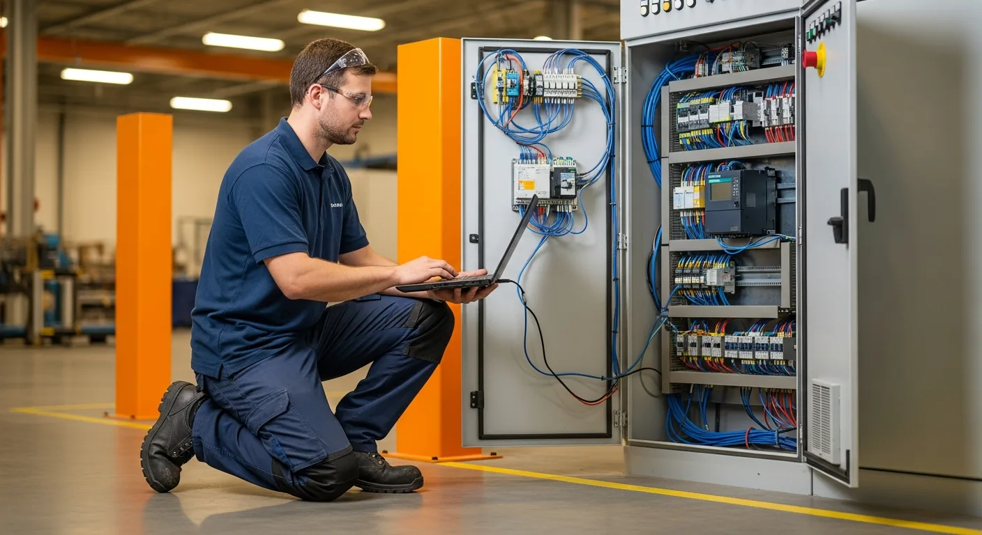 Field service engineer running PLC diagnostics on industrial control panel at manufacturing facility