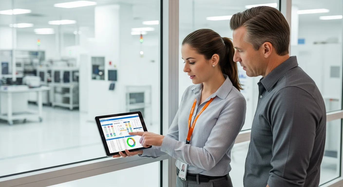 Two engineers reviewing equipment diagnostic data on tablet near semiconductor cleanroom