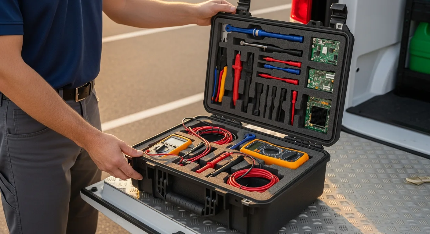 Organized field service engineer diagnostic tools and test equipment in rugged carrying case