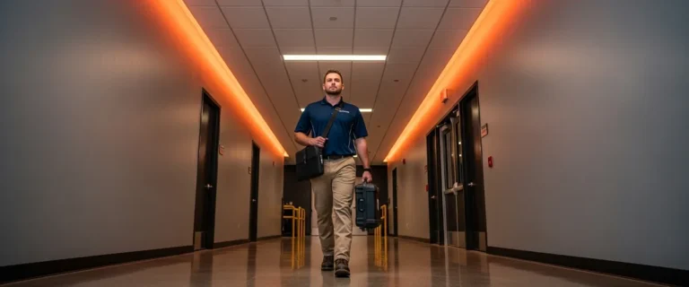 Field service engineer walking through industrial corridor to equipment service call with laptop and tool case