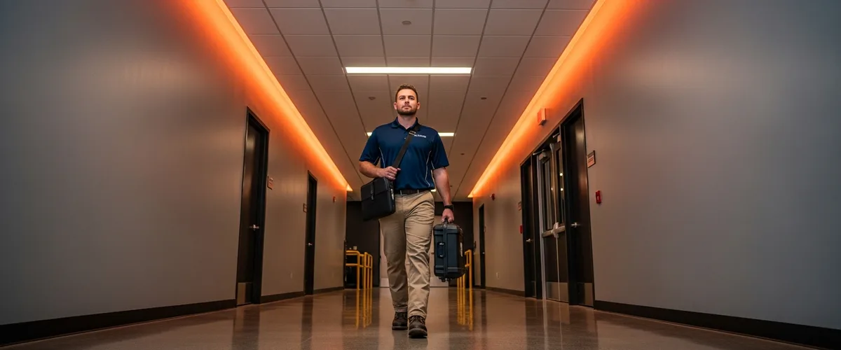 Field service engineer walking through industrial corridor to equipment service call with laptop and tool case