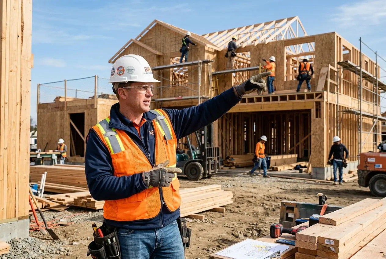 General contractor directing work at residential construction site, KORE1 payroll services for general contractors