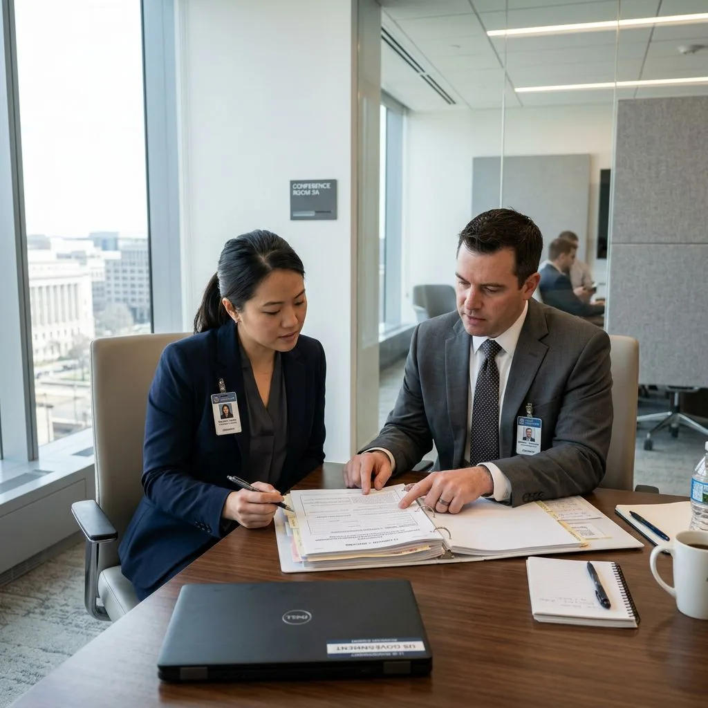 Security clearance IT professionals collaborating in government facility