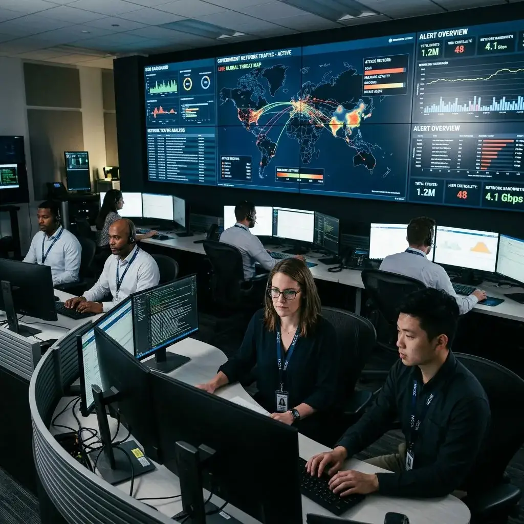 Government IT team members working on network security monitoring in operations center