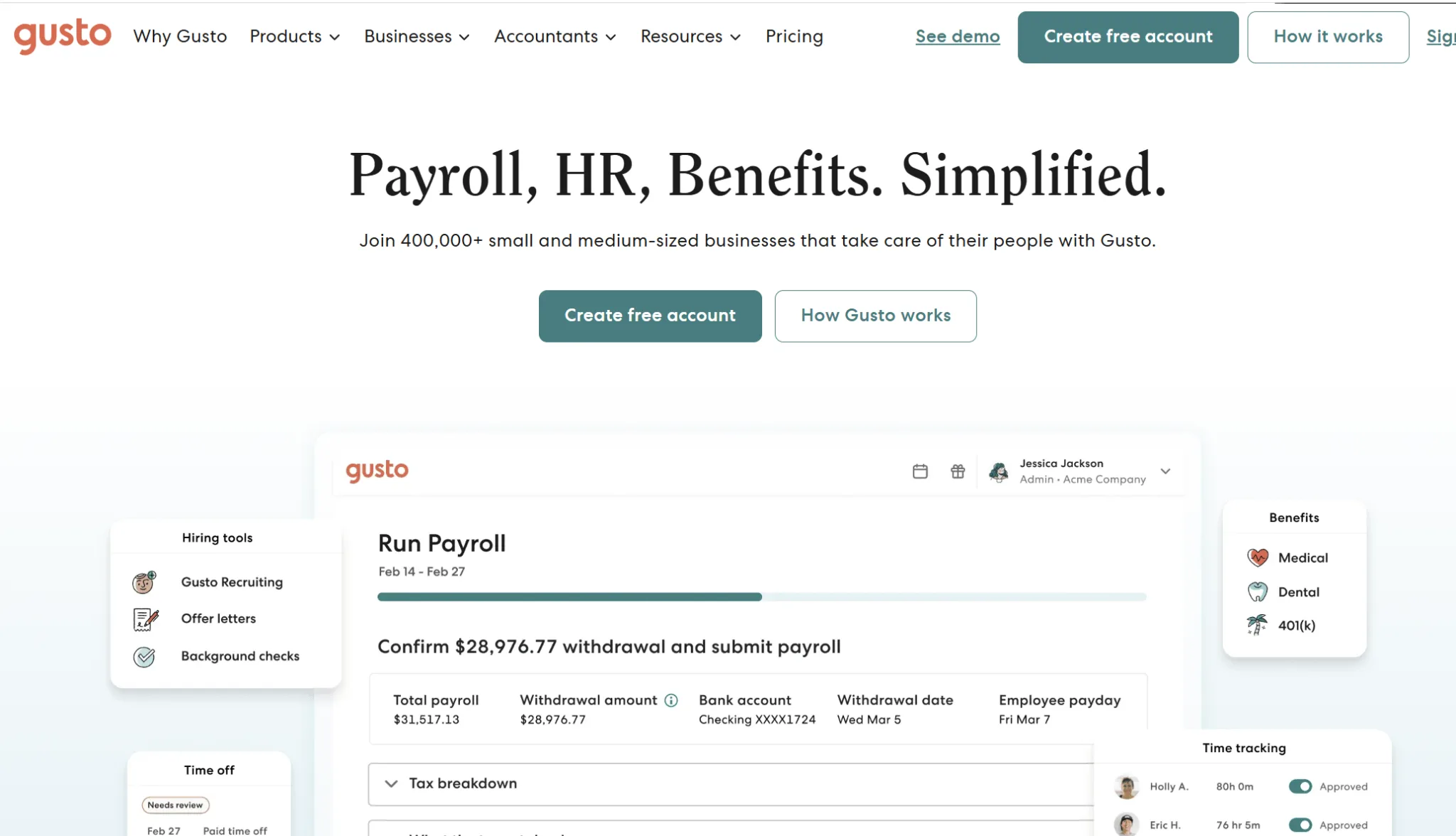 Gusto simple payroll platform for small businesses