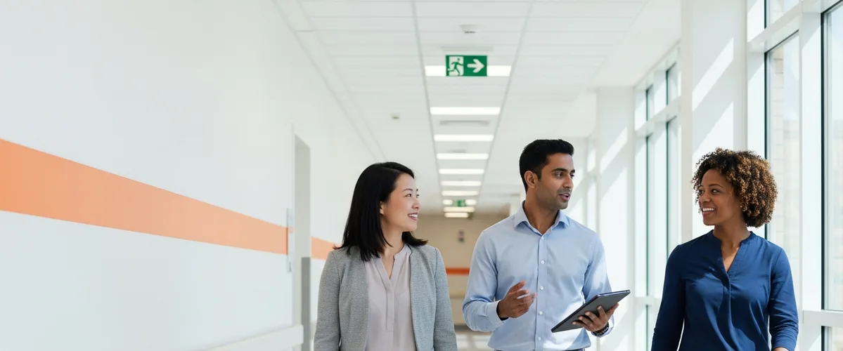 Healthcare IT staffing agency professionals walking through modern hospital corridor