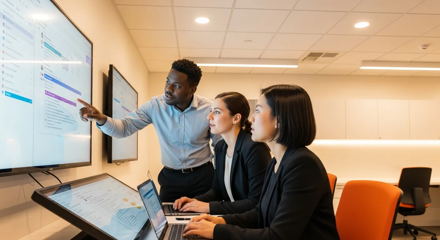 Healthcare IT professionals collaborating on EHR system implementation in a modern hospital technology center