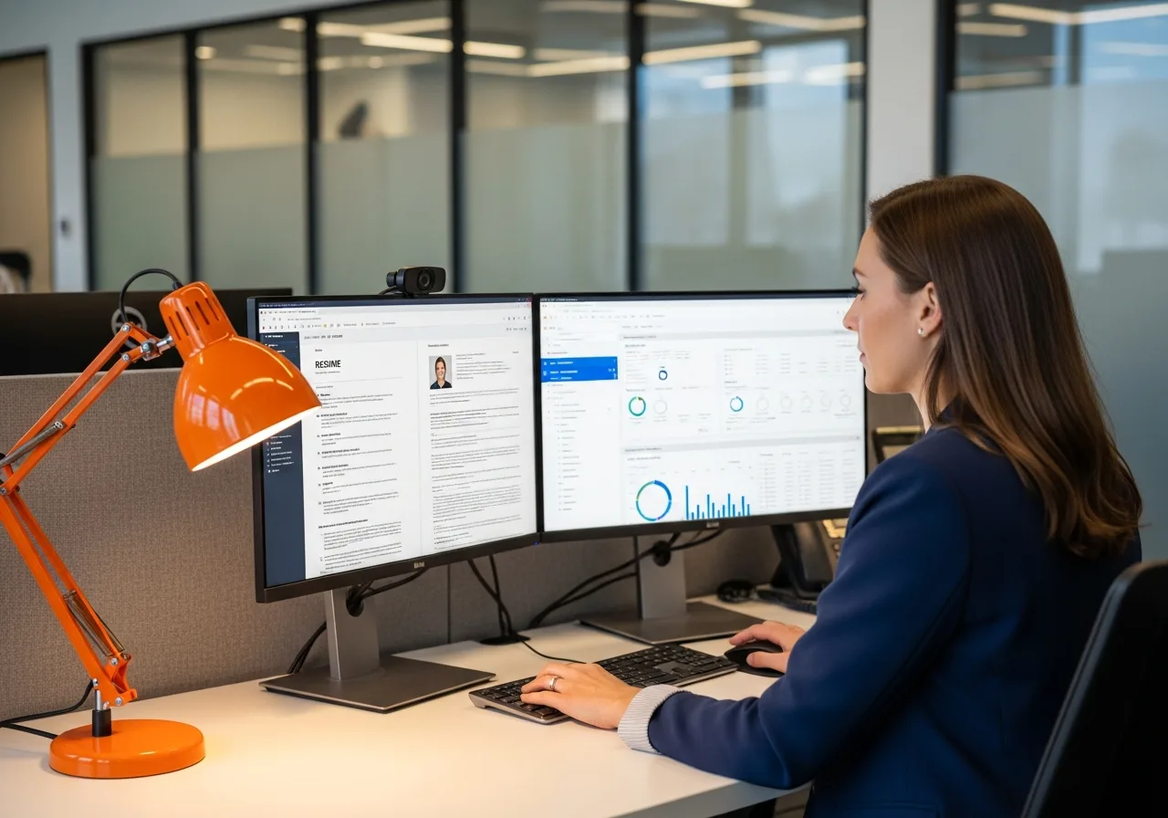 Healthcare IT recruiter reviewing candidate profiles and EHR certifications on dual monitors