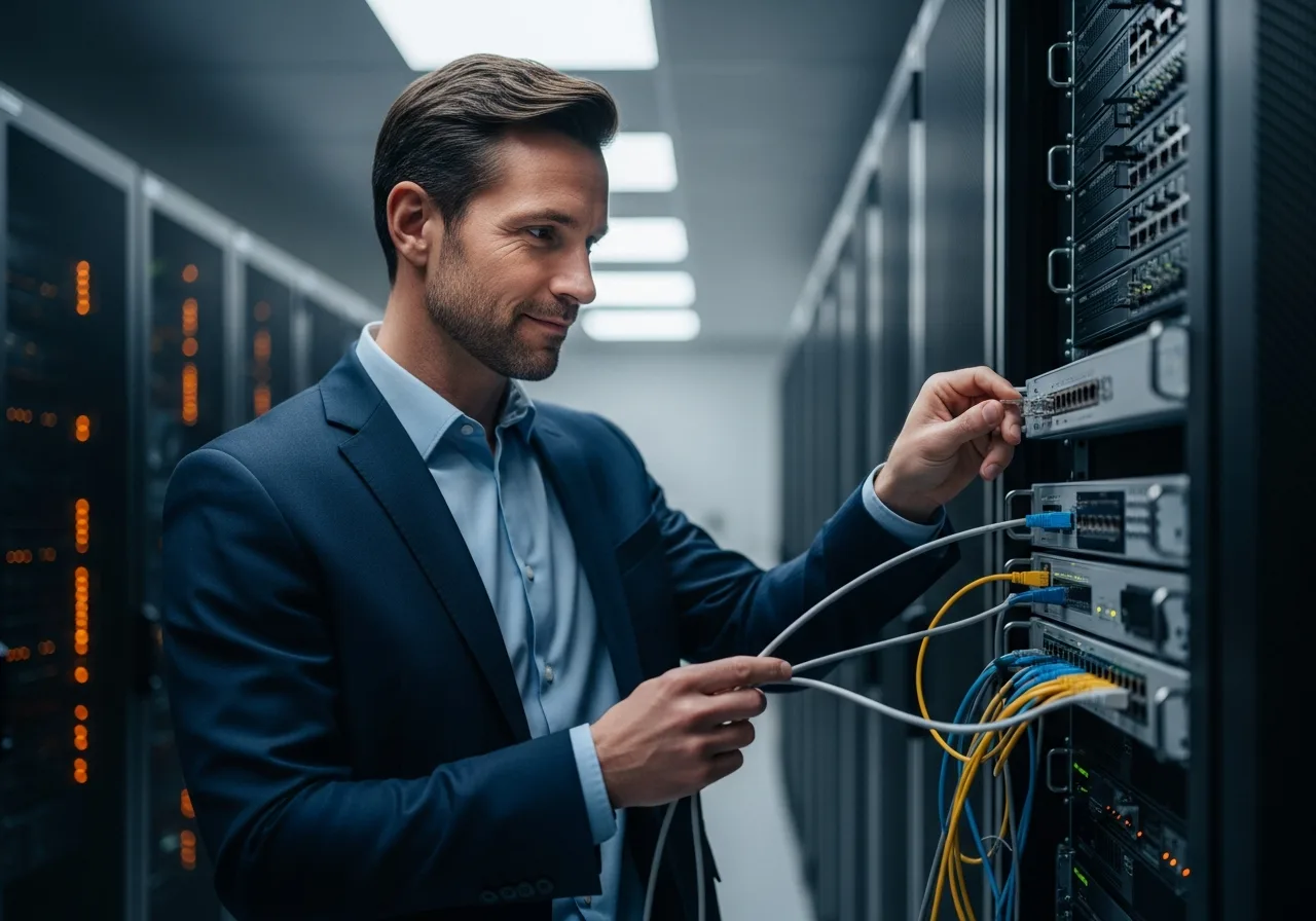Healthcare IT professional configuring clinical systems in a hospital server room with orange LED accent lighting