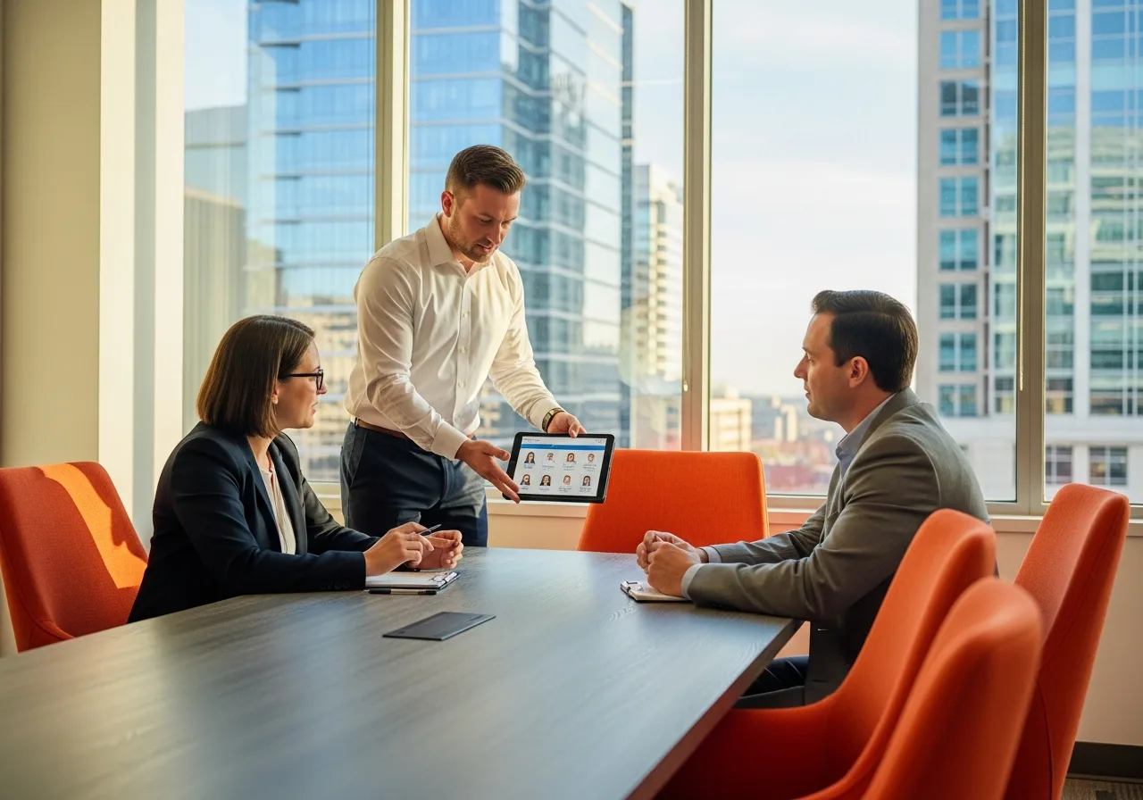 Healthcare IT staffing team discussing candidate placement strategy in a modern office with orange accents