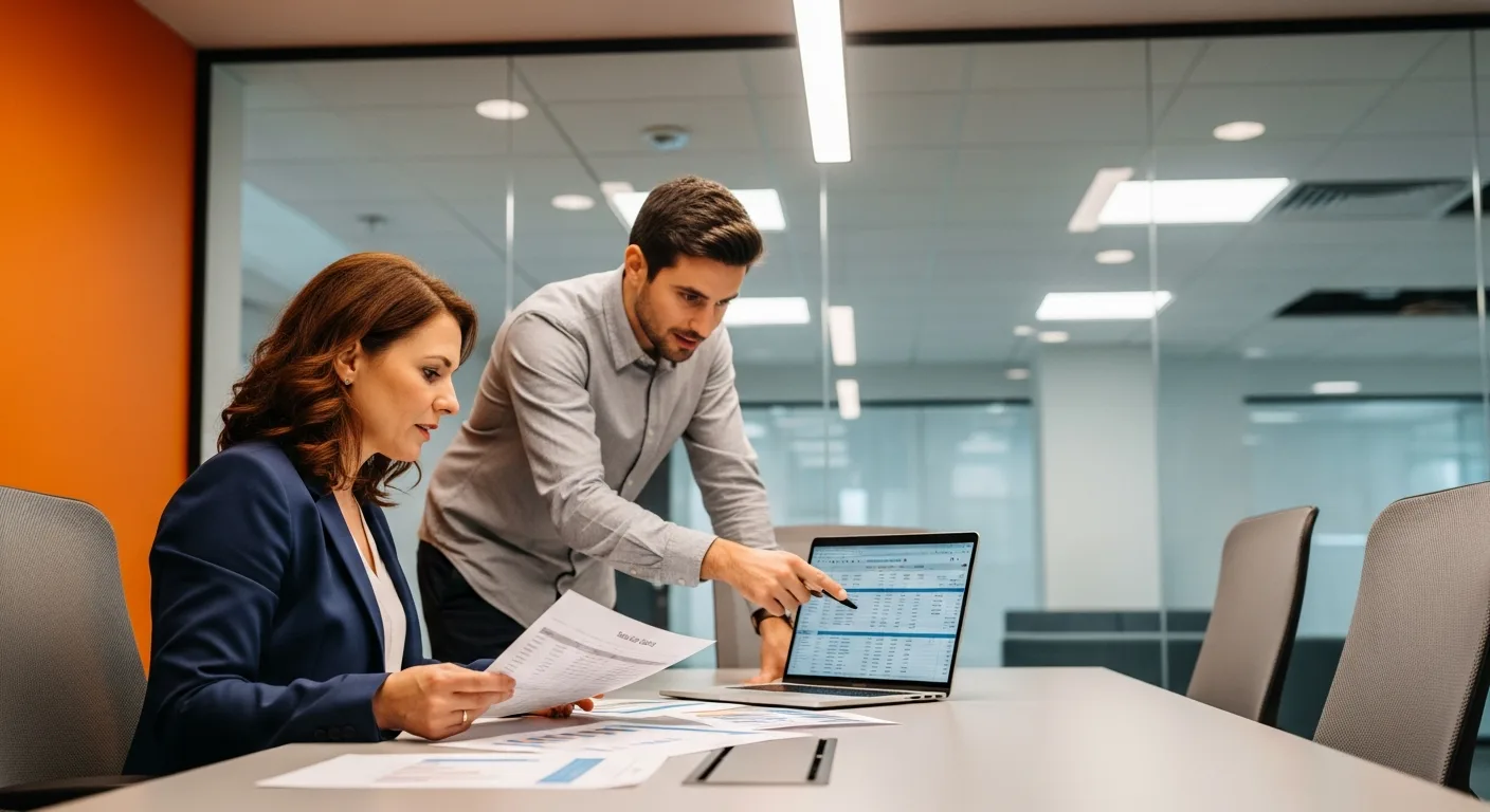Hiring manager and IT recruiter reviewing help desk technician salary compensation data in conference room