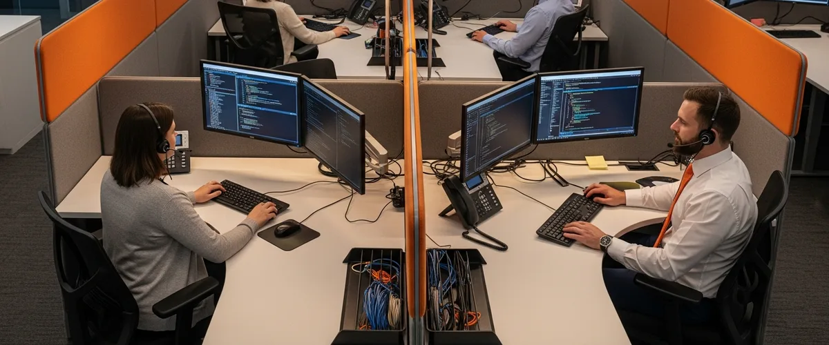 Modern IT help desk support center with technicians at dual-monitor workstations