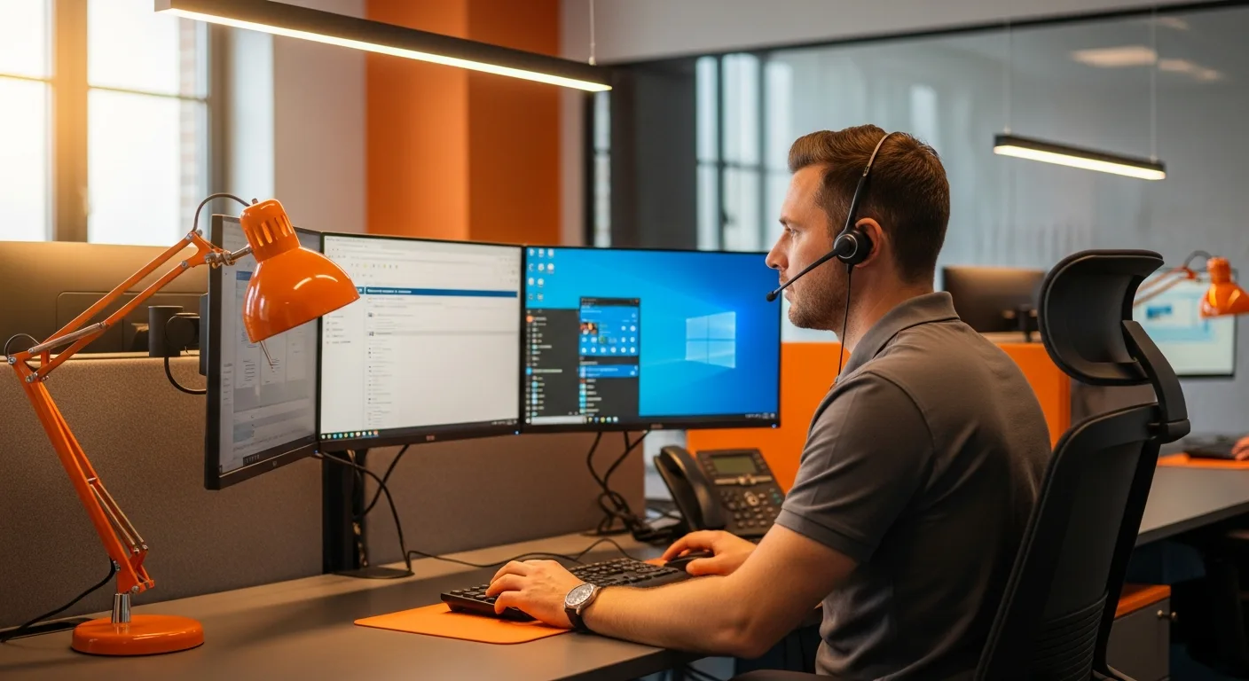 Help desk technician wearing headset at dual-monitor workstation in modern IT support center