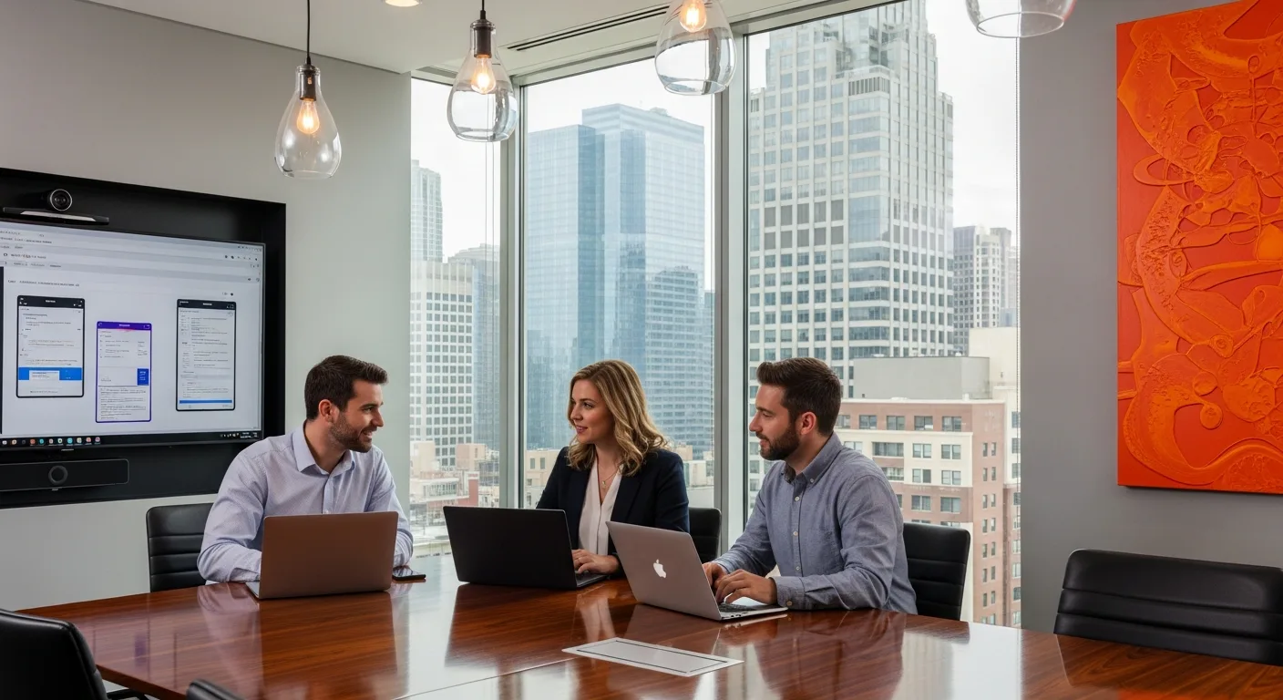 Enterprise development team reviewing application wireframes in corporate meeting room