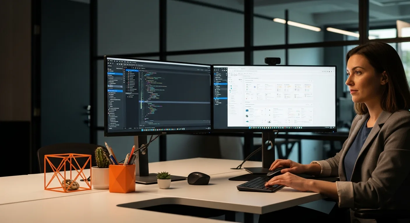 Angular developer working on enterprise dashboard application at modern desk with two monitors