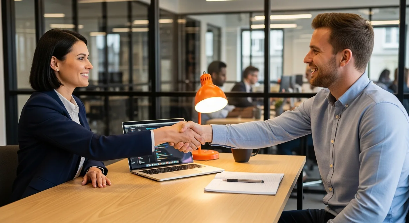 Hiring manager and Angular developer candidate shaking hands after successful interview