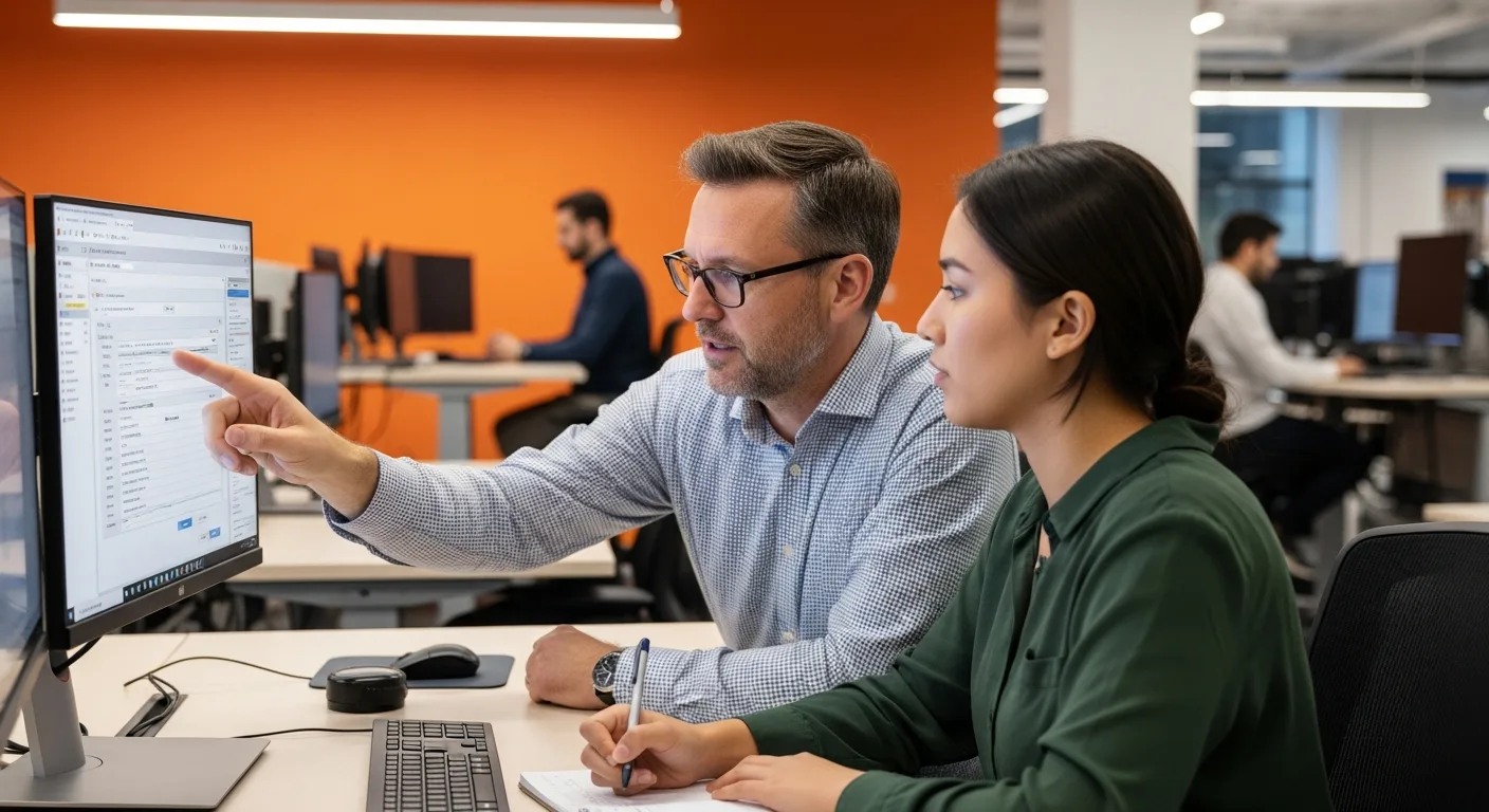 Senior Angular developer mentoring junior developer at shared desk reviewing enterprise application